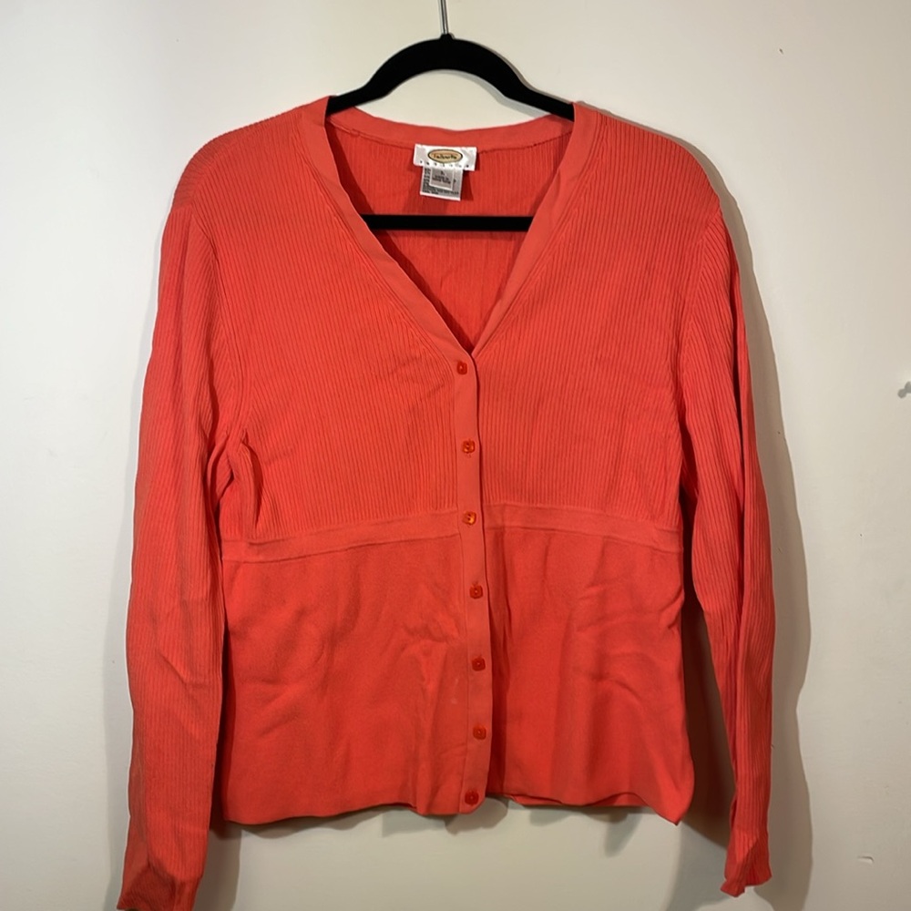 Talbots Women’s Large Petite V-neck Button up Ribbed sweater cardigan‎ Orange